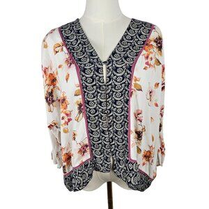 Mystree Top Size Medium Boho Button Front Floral & Paisley Multicolor Pink White